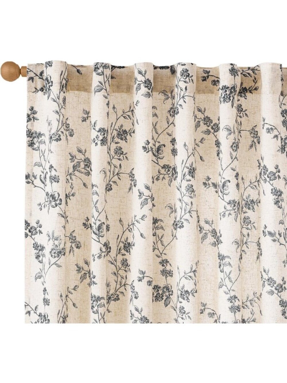 Vintage Floral Linen Curtains - Black Farmhouse Style, 50"W x 84"L, 2 Panels